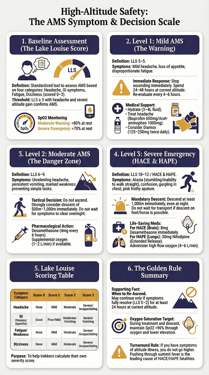 AMS symptom severity scale and turnaround decision flowchart
