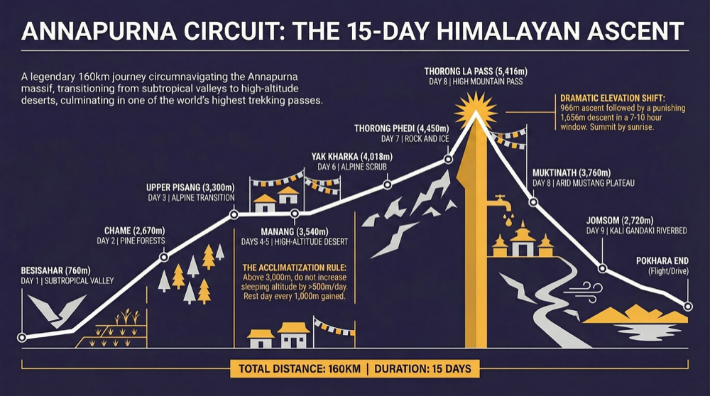 Annapurna Circuit elevation profile with Thorong La Pass