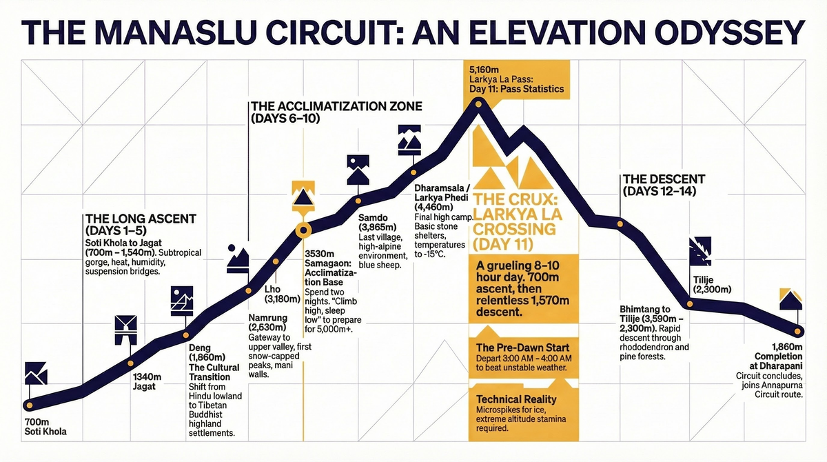 Manaslu Circuit elevation profile with Larkya La Pass